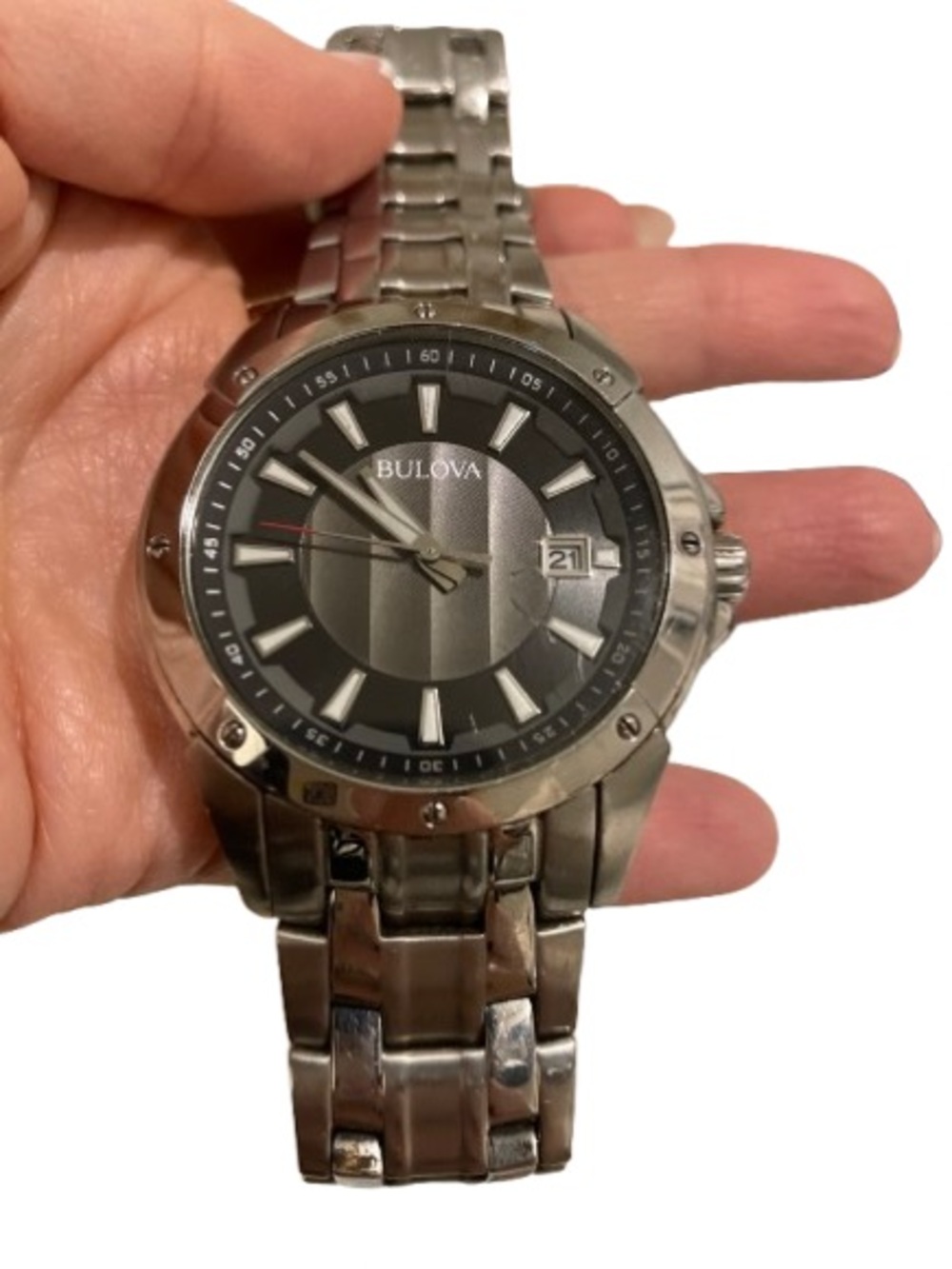 Bulova Men's Silver Stainless Steel Watch with Dark Gray Dial